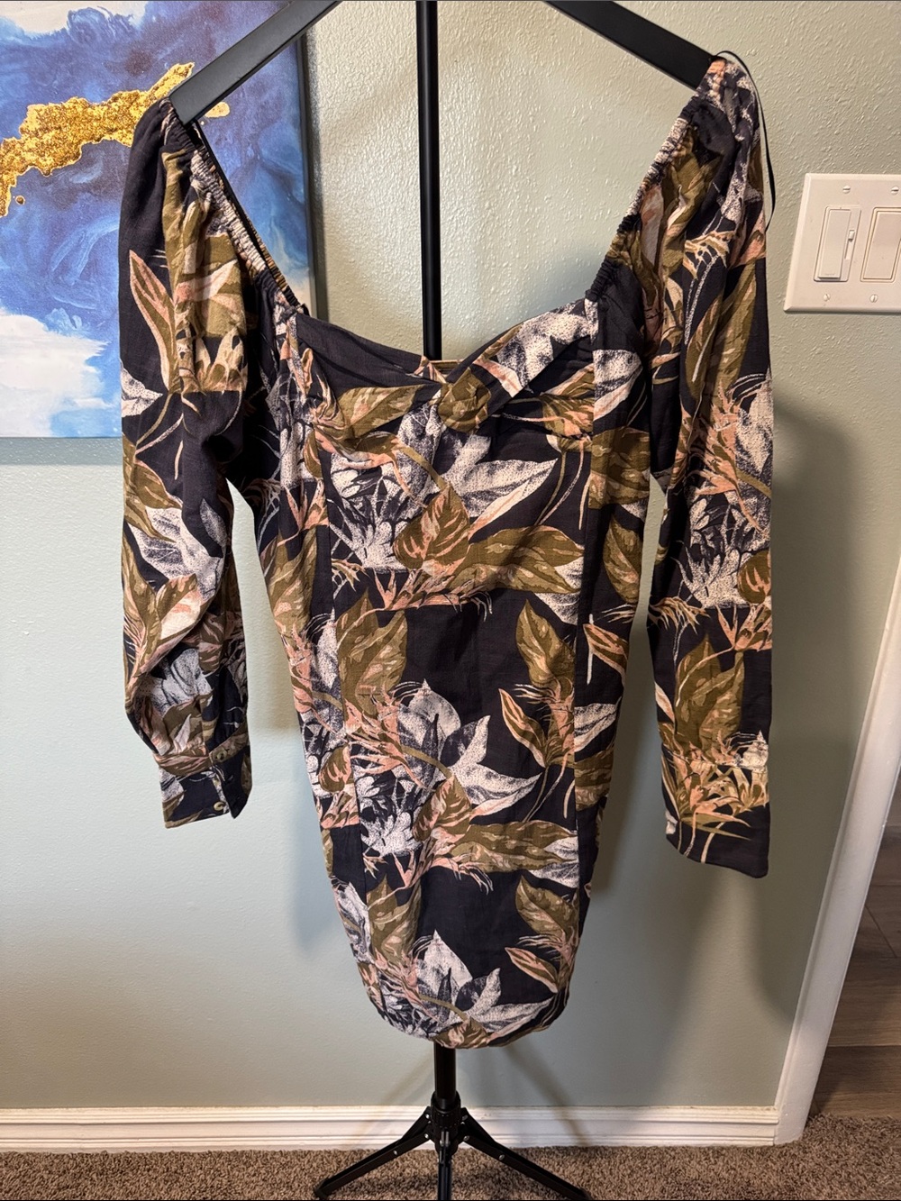 Walter Baker Black Botanical Off-Shoulder Tunic with Olive and Blush Leaves